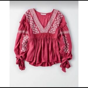 Long sleeve red v neck boho embroidered top